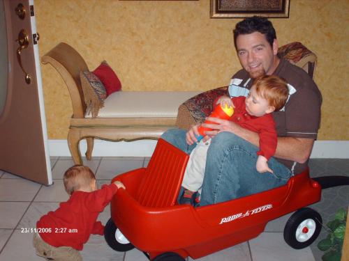 Hold it, Tyler is fixing a flat, too much weight in the wagon!